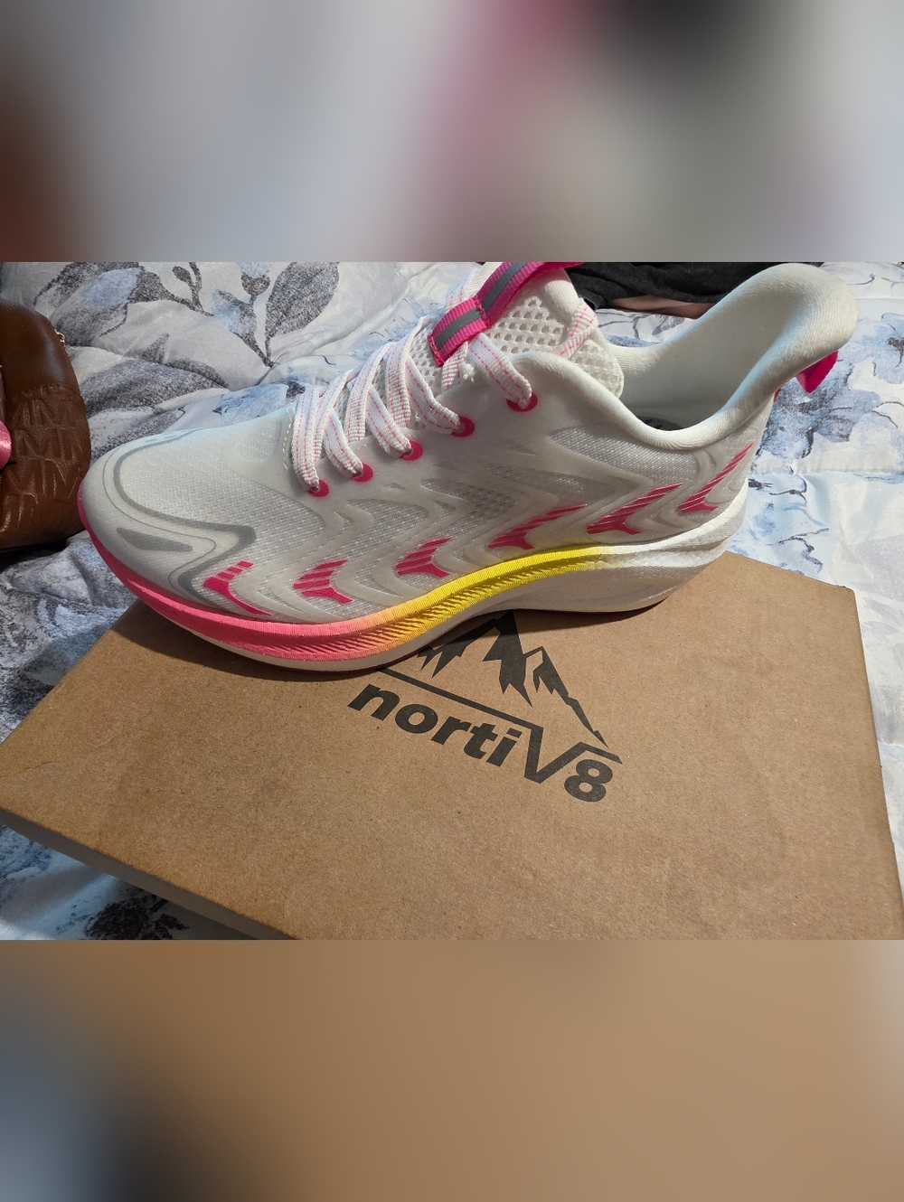 NortiV8 Women's White Athletic Sneakers with Pink & Yellow Gradient